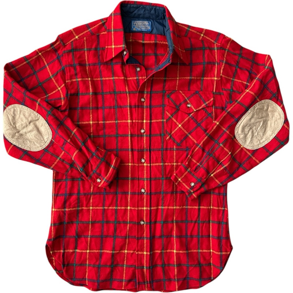 Pendleton Vintage Red Plaid Men's Shirt Size Medium Elbow Patches Made in USA